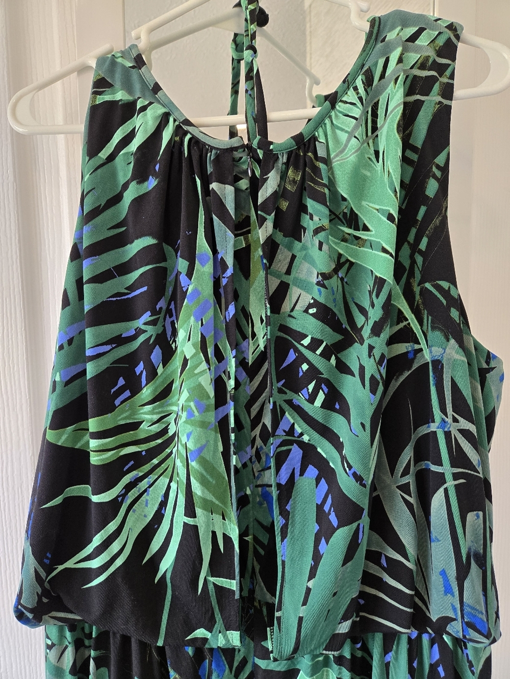 London Times Black Jumpsuit, Capri Lengt with Green and Blue Tropical Leaf Print